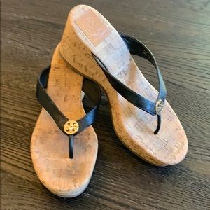 Tory Burch Wedge Sandals-Black Leather